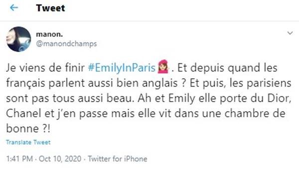 Comentário no Twitter sobre a série Emily in Paris, da Netflix