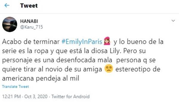 Comentário no Twitter sobre a série Emily in Paris, da Netflix
