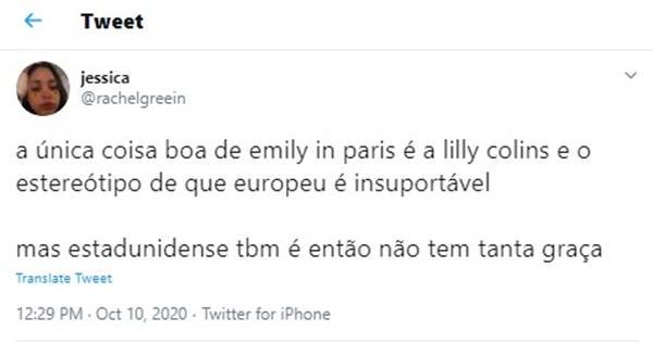 Comentário no Twitter sobre a série Emily in Paris, da Netflix