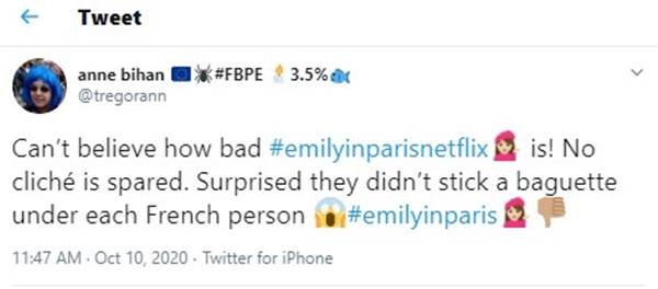 Comentário no Twitter sobre a série Emily in Paris, da Netflix