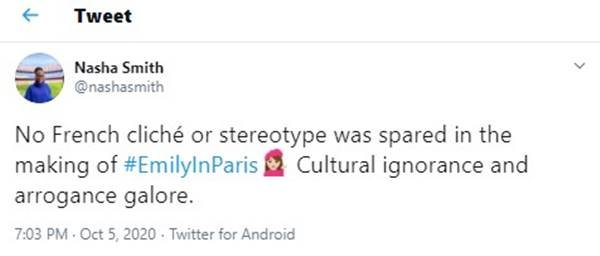 Comentário no Twitter sobre a série Emily in Paris, da Netflix