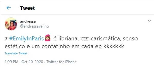 Comentário no Twitter sobre a série Emily in Paris, da Netflix