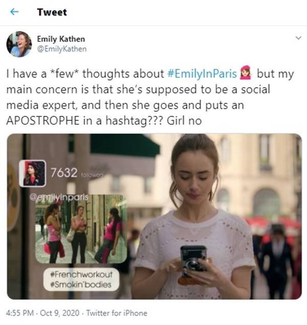 Comentário no Twitter sobre a série Emily in Paris, da Netflix