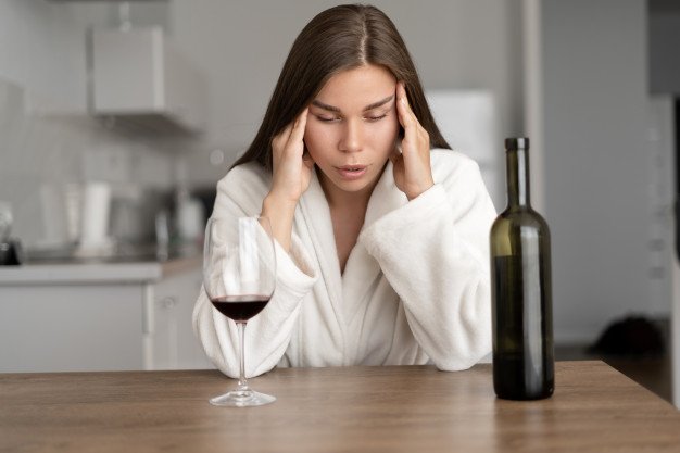 Mulher com dor de cabeça, estressada, bebendo vinho
