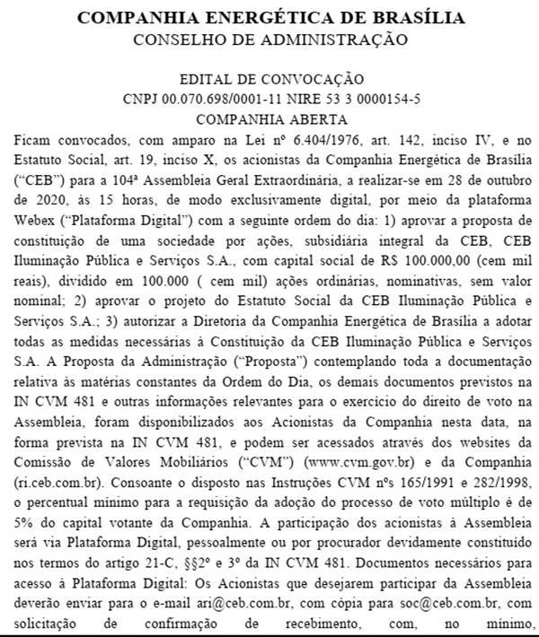 Acionistas são convocados para aprovar criação da CEB Iluminação Pública e Serviços