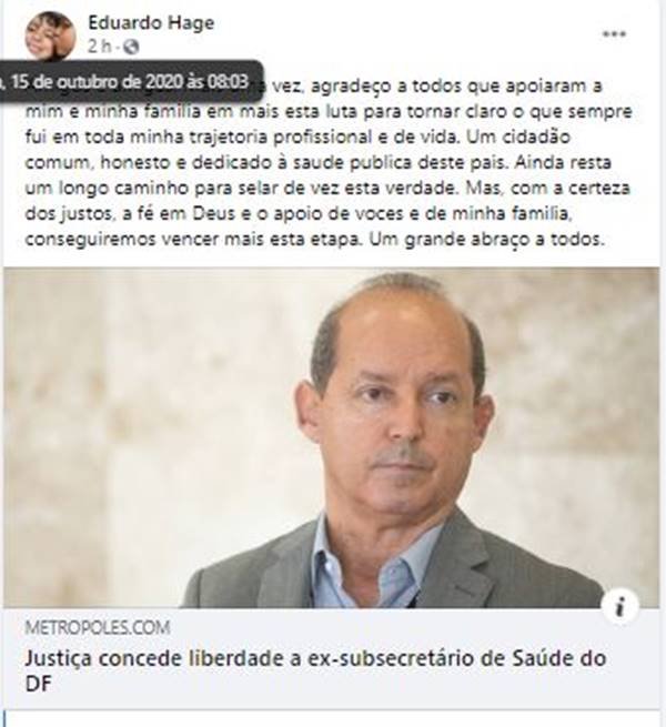 Eduardo Hage se pronuncia após deixar a Papuda