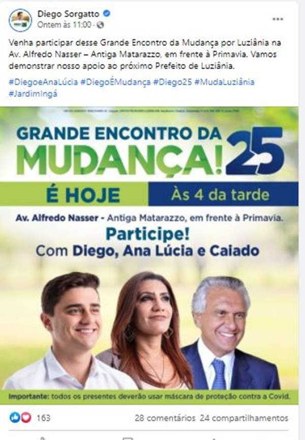 Candidato Diego Sorgatto convocou evento pelas redes sociais