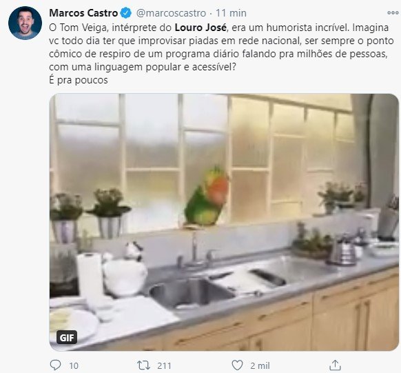 Post no Twitter sobre Tom Veiga