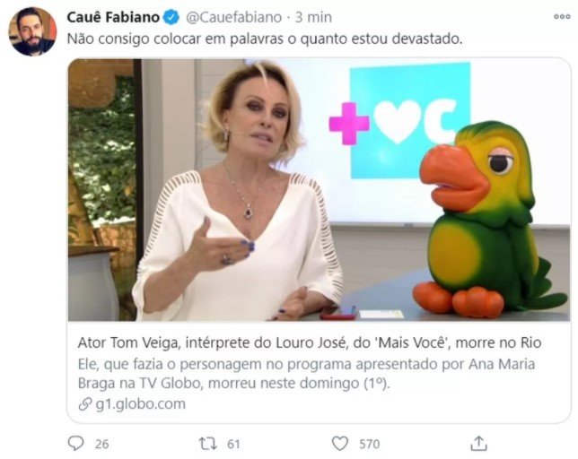 Post no Twitter sobre Tom Veiga