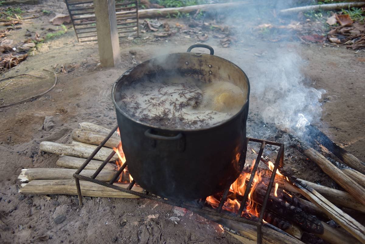 Foto de uma panela preta em cima de uma grade, próxima ao chão. Uma fogueira na terra aquece a panela que prepara o ayahuasca - Metrópoles