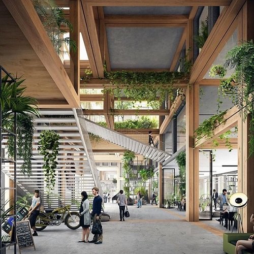 complexo arquitetônico de madeira e plantas