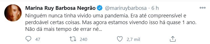 Tweet de Marina Ruy Barbosa sobre pandemia