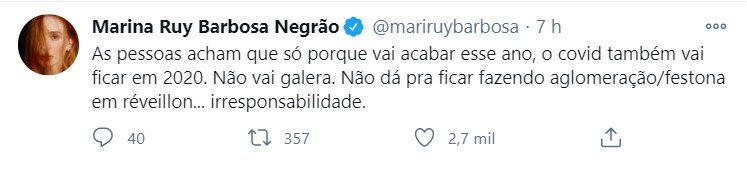 Tweet de Marina Ruy Barbosa sobre pandemia