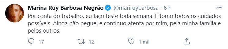 Tweet de Marina Ruy Barbosa sobre pandemia