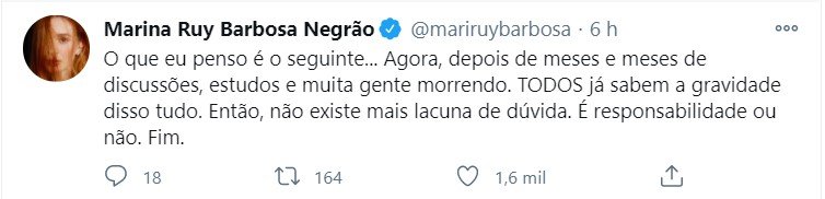 Tweet de Marina Ruy Barbosa sobre pandemia