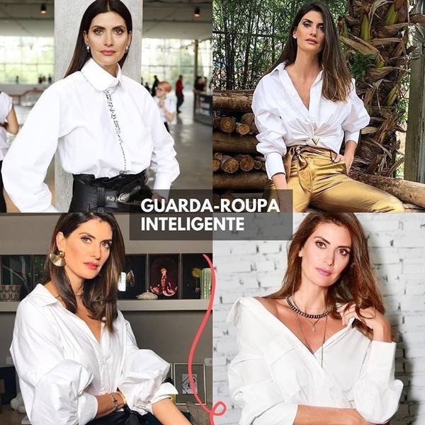 Isabella Fiorentino com diferentes opções de camisa branca, em montagem