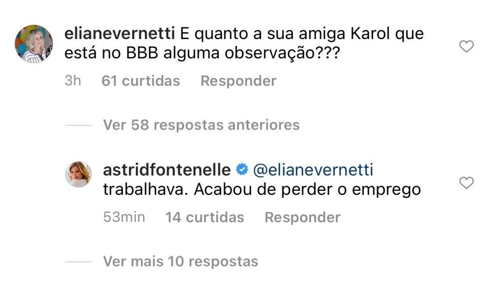 Astrid Fontenelle responde seguidora