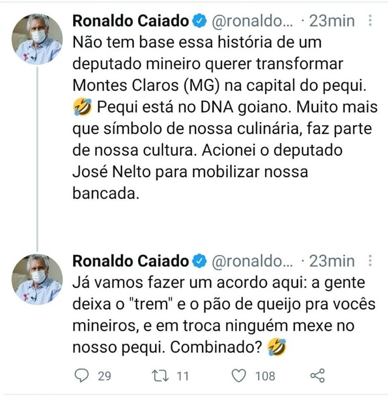 Brincadeira de Caiado sobre projeto que propõe capital do pequi para MG