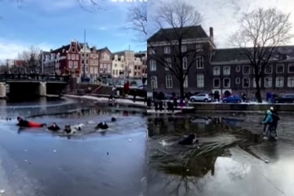 Pessoas afundam em canal congelado Amsterdã patinadores