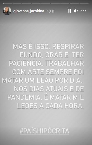 Giovanna Jacobina desabafou nos Stories do Instagram