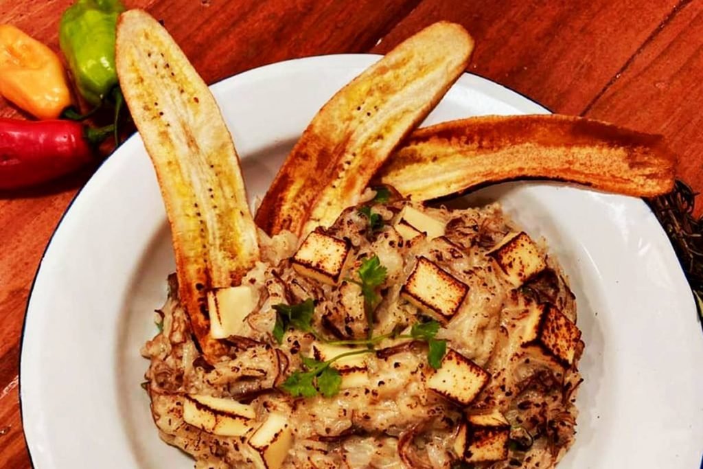 Arroz cremoso com carne de sol curada da casa, coalho maçaricado e chips de banana