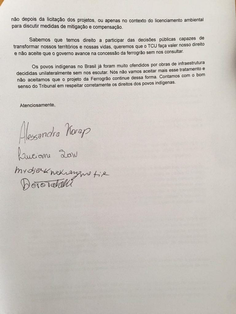 Carta assinada por lideranças indígenas enviada à presidente do TCU, Ana Arraes, sobre a construção da Ferrogrão