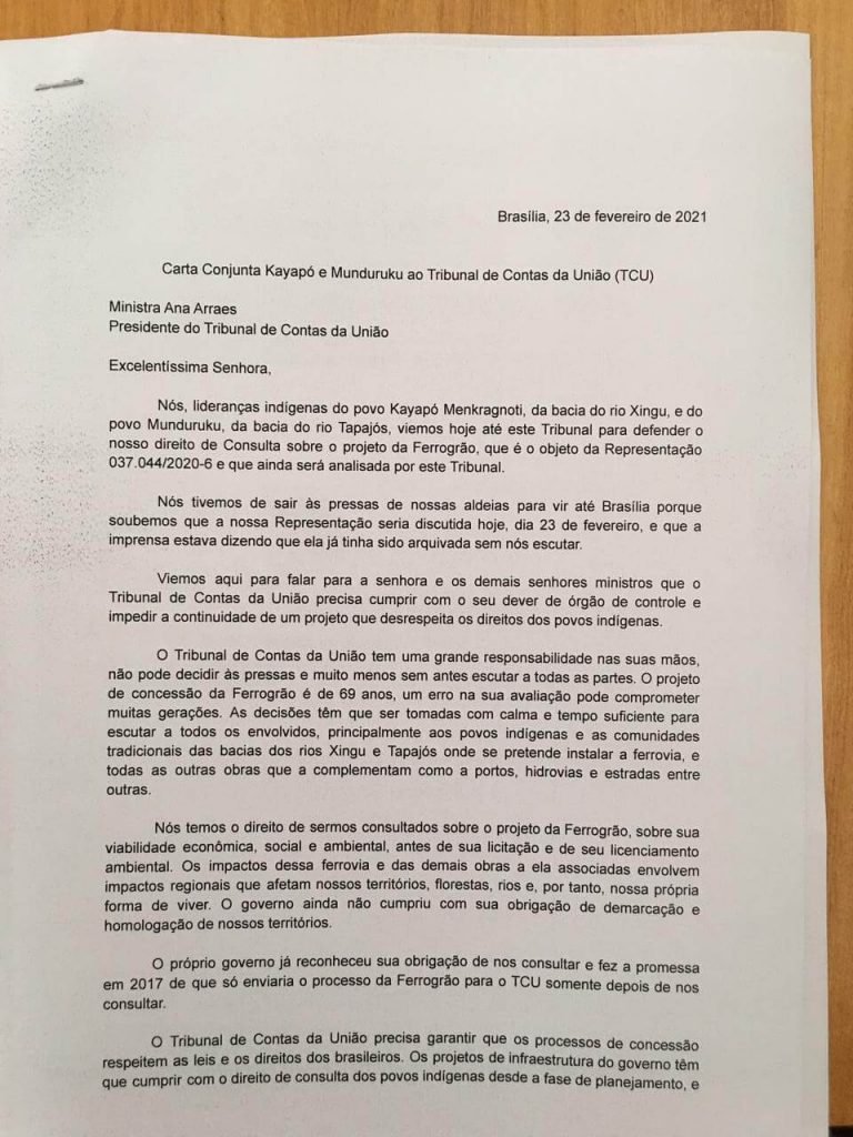 Carta assinada por lideranças indígenas enviada à presidente do TCU, Ana Arraes, sobre a construção da Ferrogrão