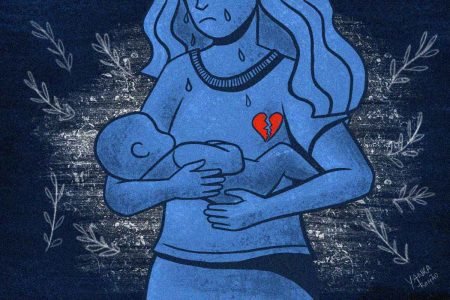 ilustração de uma mulher com o coração partido segurando um bebê