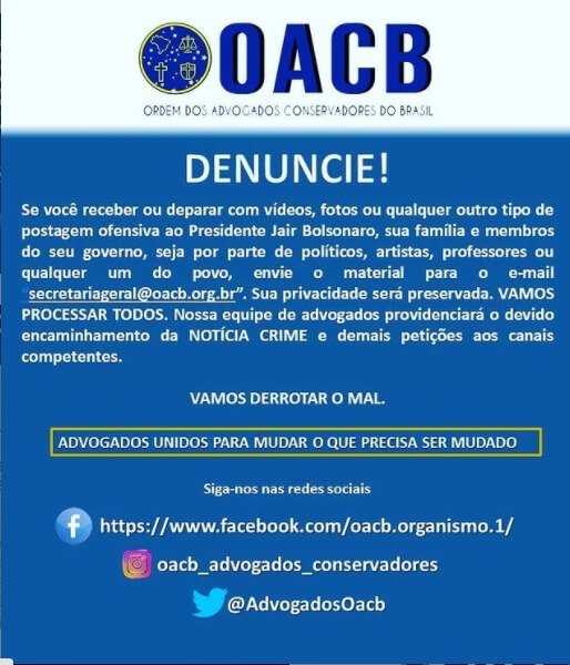 Cartaz da OACB pede que população denuncie críticas à Bolsonaro