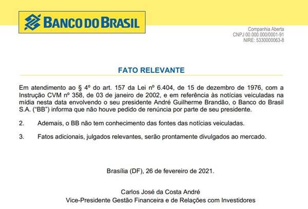 Fato Relevante do BB sobre saída de André Brandão