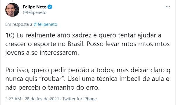 Felipe Neto é banido de plataforma de xadrez e diz que usou técnica ilegal