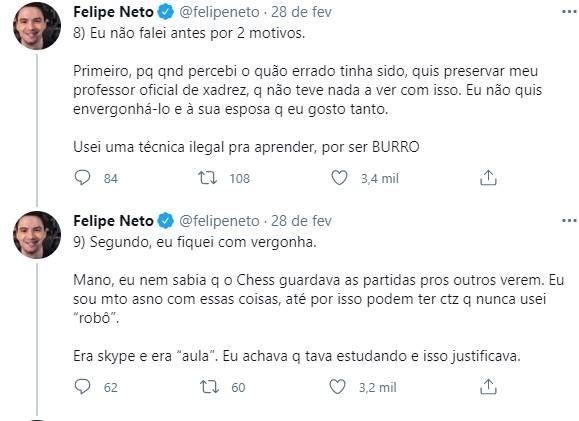 Felipe Neto se explica após trapaça em partida de xadrez online e vira meme  - Trends