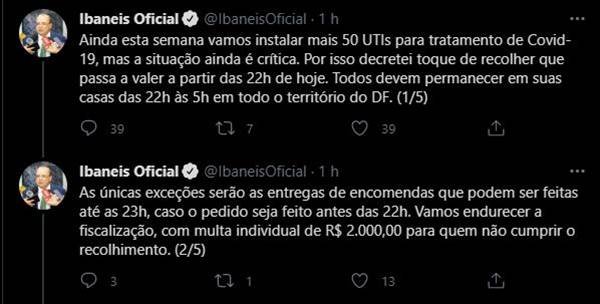 O governador Ibaneis Rocha (MDB) decretou toque de recolher no Distrito Federal