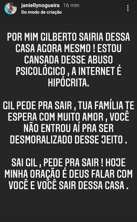 Janielly Nogueira Stories pedindo saída de Gil