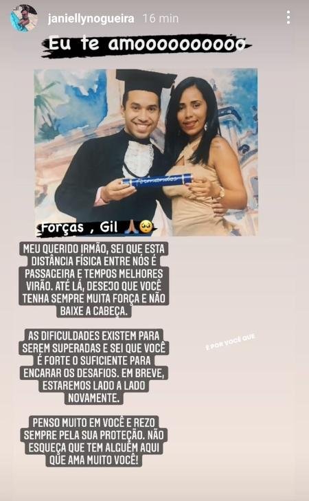 Janielly Nogueira Stories pedindo saída de Gil