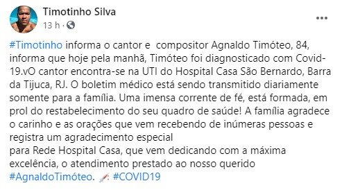 Agnaldo Timóteo diagnosticado com Covid-19