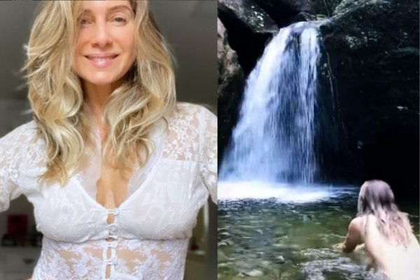 Leticia Spiller nada nua em cachoeira