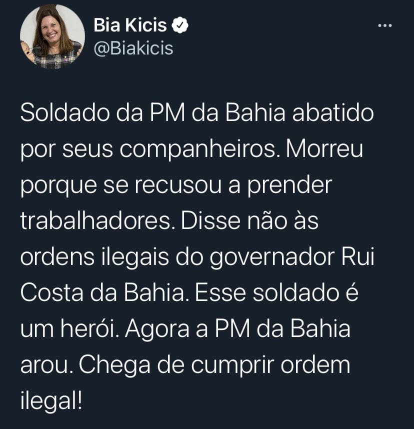 Deputada federal Bia Kicis incentiva motim de policiais após morte de PM da Bahia
