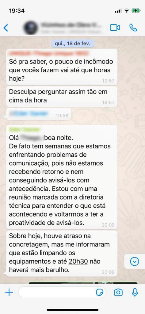 Conversas de WhatsApp entre moradores e construtora Even
