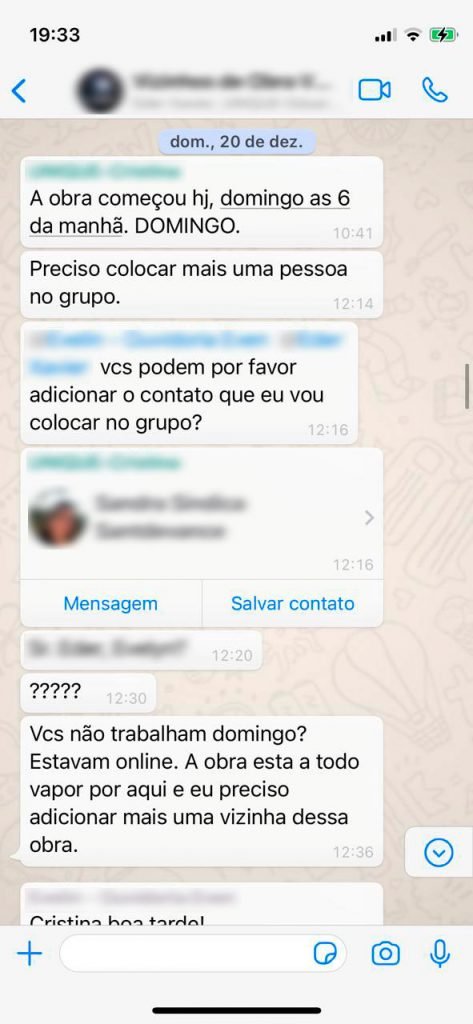 Conversas de WhatsApp entre moradores e construtora Even