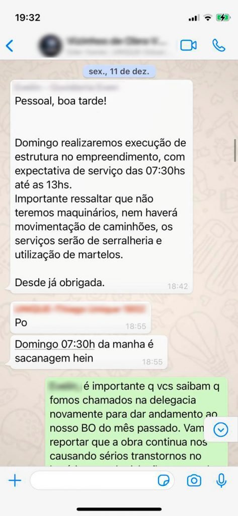 Conversa de WhatsApp entre moradores e construtora Even
