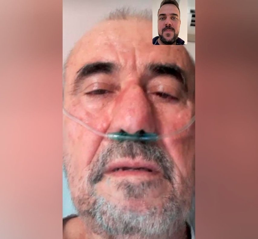 Prefeito de Aparecida de Goiânia, Gustavo Mendanha (MDB), em chamada de vídeo com o pai, Léo Mendanha, que também está com Covid