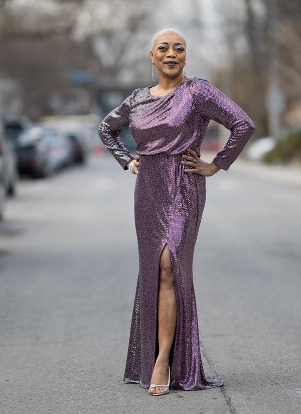 Karen Robinson, de Badgley Mischka, para o Sag Awards 2021
