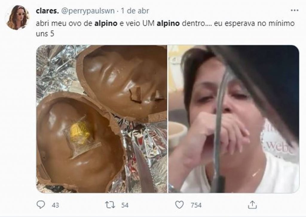 Tuíte escrito: Abri meu ovo de Alpino e veio um Aplino dentro... Eu esperava no mínimo uns cinco e uma foto do ovo aberto e apenas um bombom dentro e de uma mulher chocada