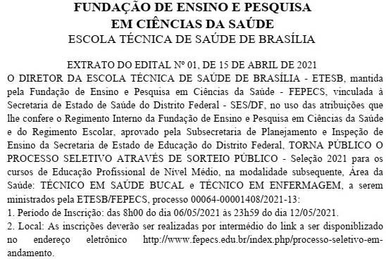DODF para cursos técnicos da Fepecs