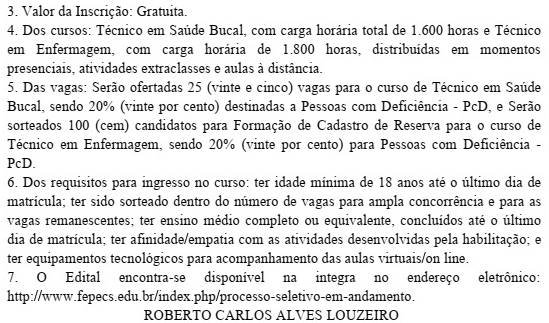 DODF para cursos técnicos da Fepecs