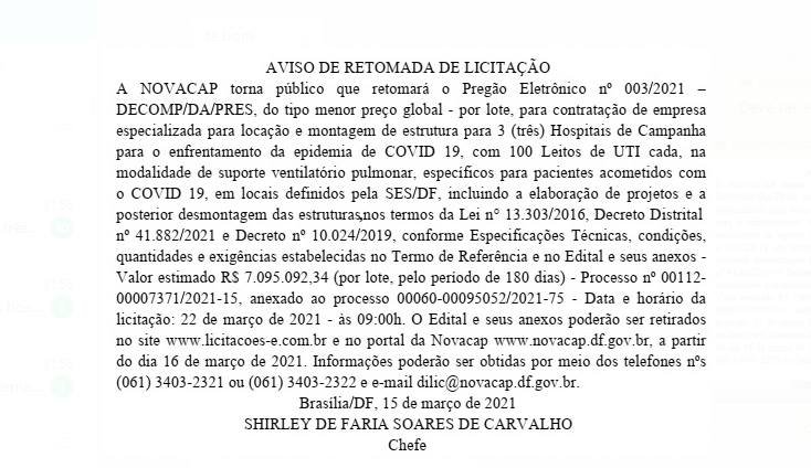 aviso de licitação de hospitais de campanha