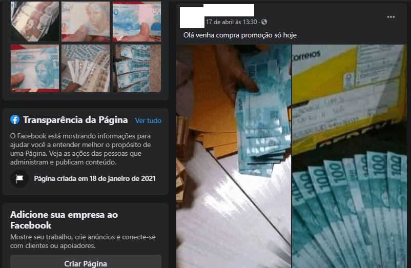 Venda de dinheiro falso em redes sociais