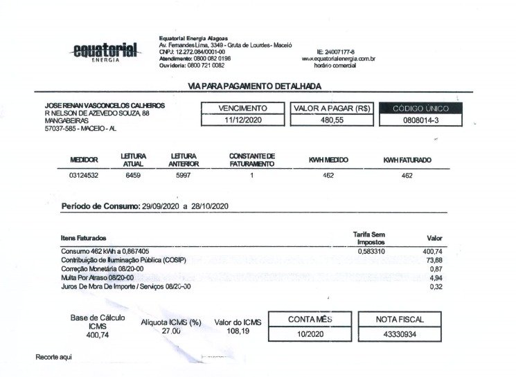 Verba indenizatório de Renan Calheiros para bancar conta de luz do escritório do senador em Maceió, Alagoas