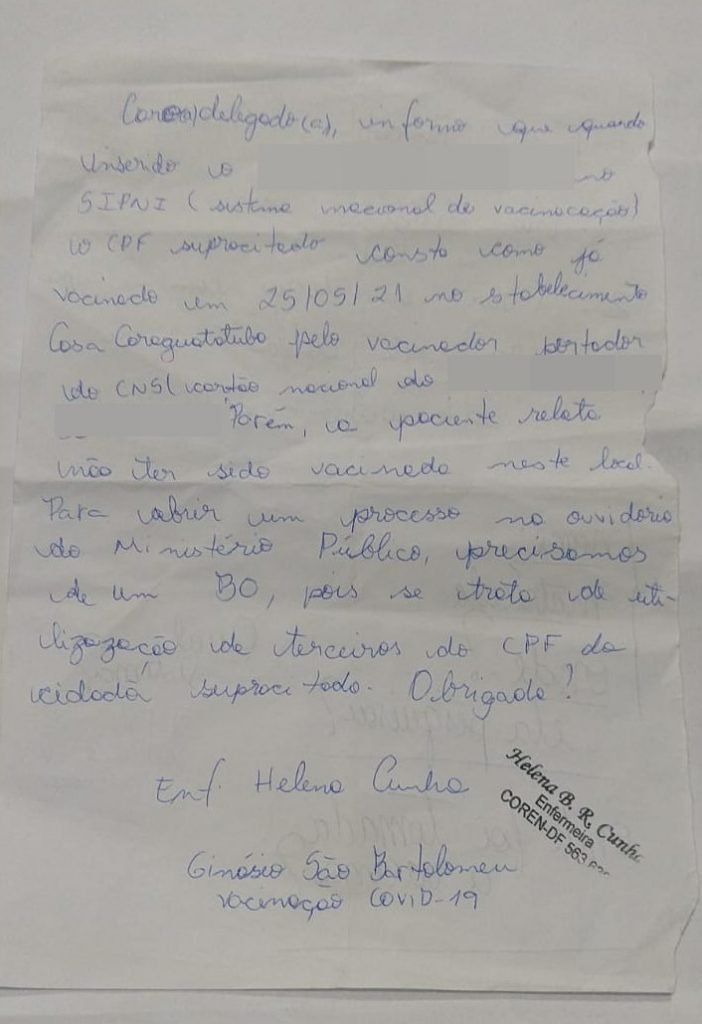 Enfermeira fez relatório para Maria Luzia denunciar uso indevido de CPF na vacinação de Covid-19